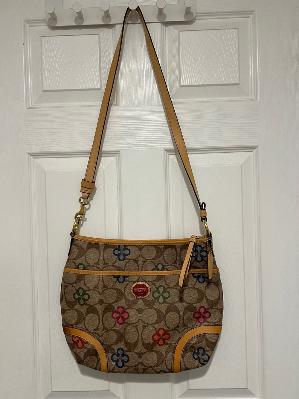 Coach Tan Signature Canvas Shoulder Bag with Multicolor Floral Accents - Picture 1 of 7